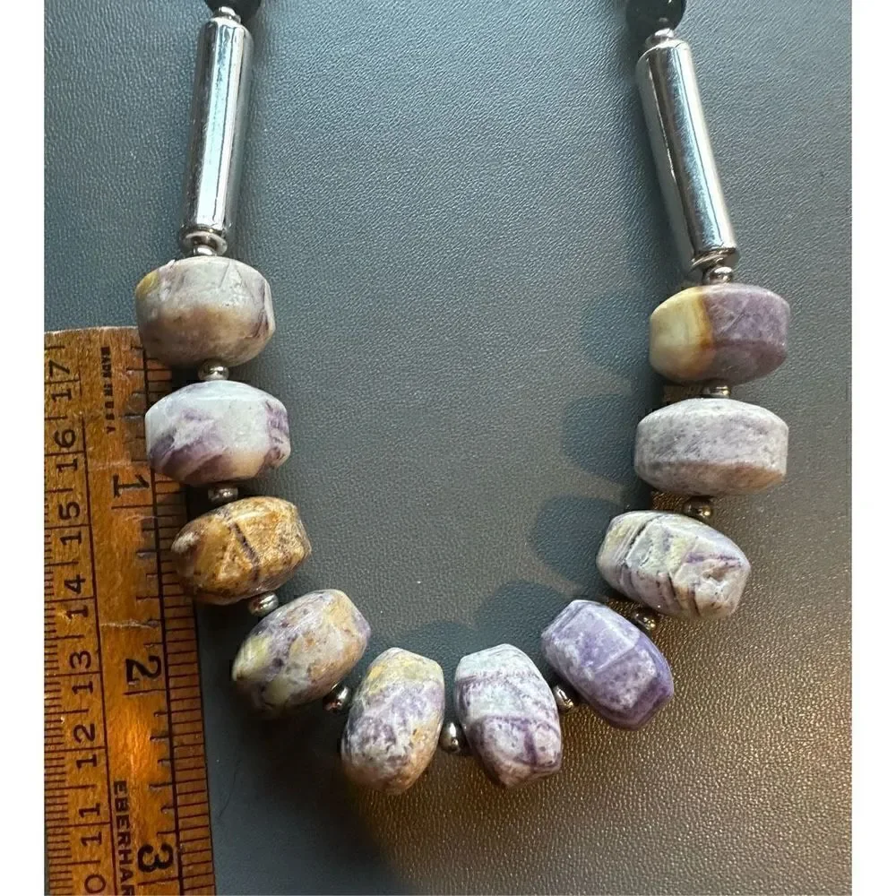 Amethyst multi raw stone with silver tone and black beads and matching earrings